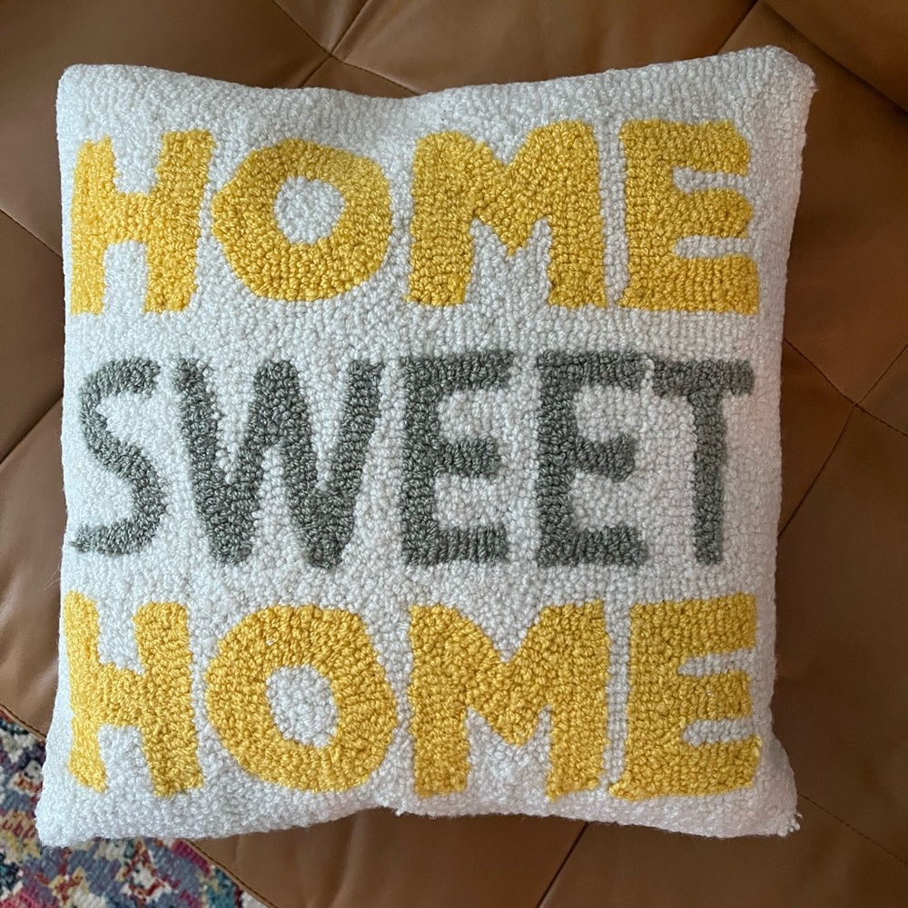Home Sweet Home needlepoint pillow yellow gray white like new